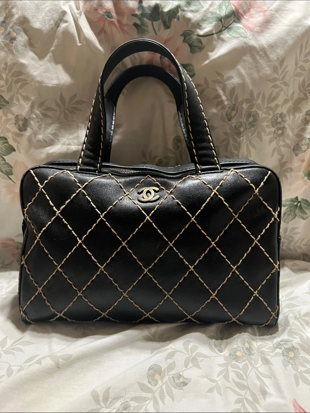 CHANEL Black Quilted Satchel with Cream Stitching (Wild stitch)